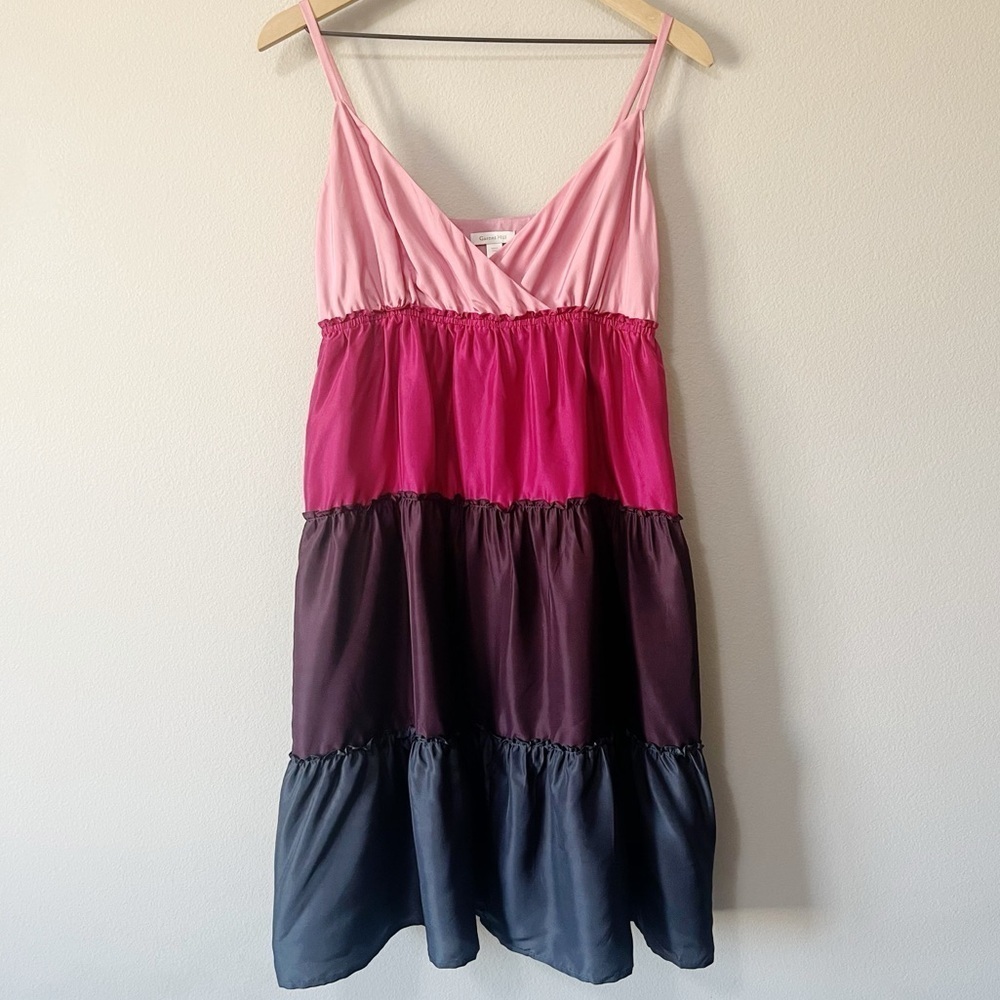 Garnet Hill Silk Tiered Ruffle Slip Dress Ombre Pink Purple Navy Size 8 Petite